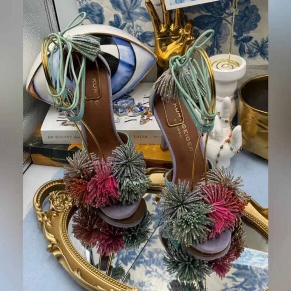 🆕 KURT GEIGER LONDON 🧿 NWOB Lilac & Teal Pom Pom Tie Ankle Heel, Sz 36 US 6 - Picture 14 of 15
